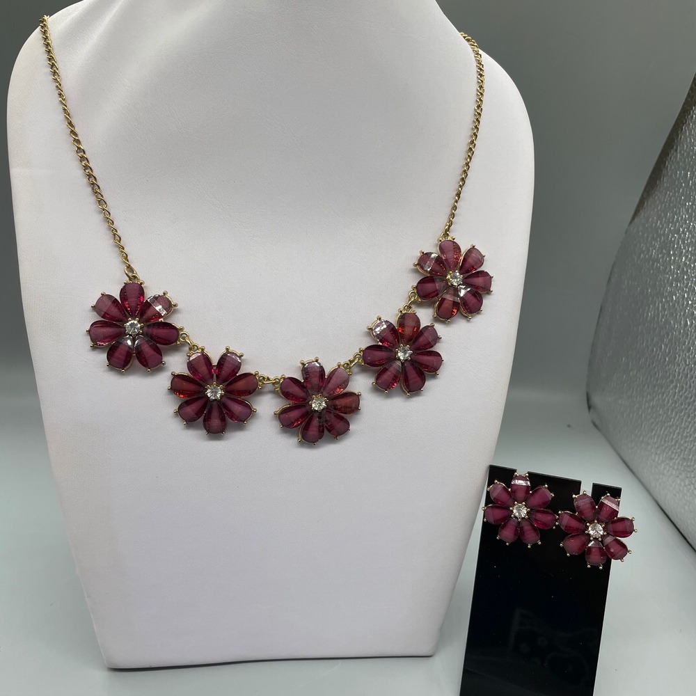 Gold Tone Plum Purple Floral Statement Necklace and Earring Set Rhinestone Daisy